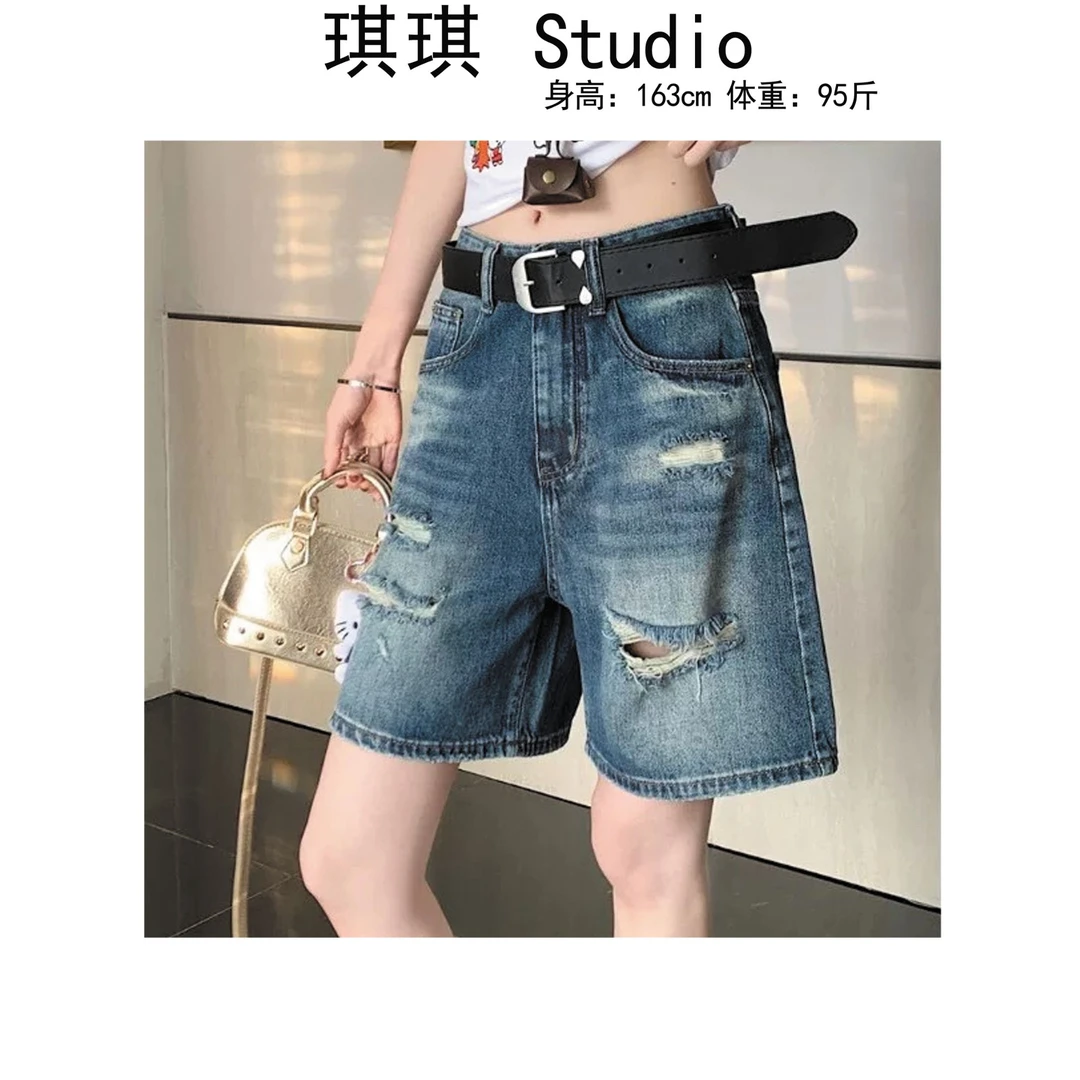 《琪琪家》夏季新款高品质带腰带破洞显瘦减龄牛仔短裤7384-Y