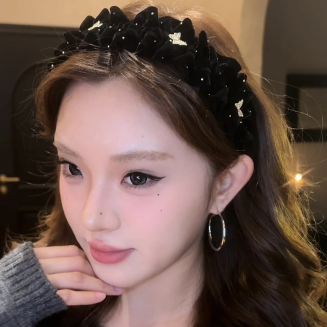 蝴蝶仙子～秋冬丝绒褶皱发箍法式蝴蝶高颅顶压发宽边头箍显发量