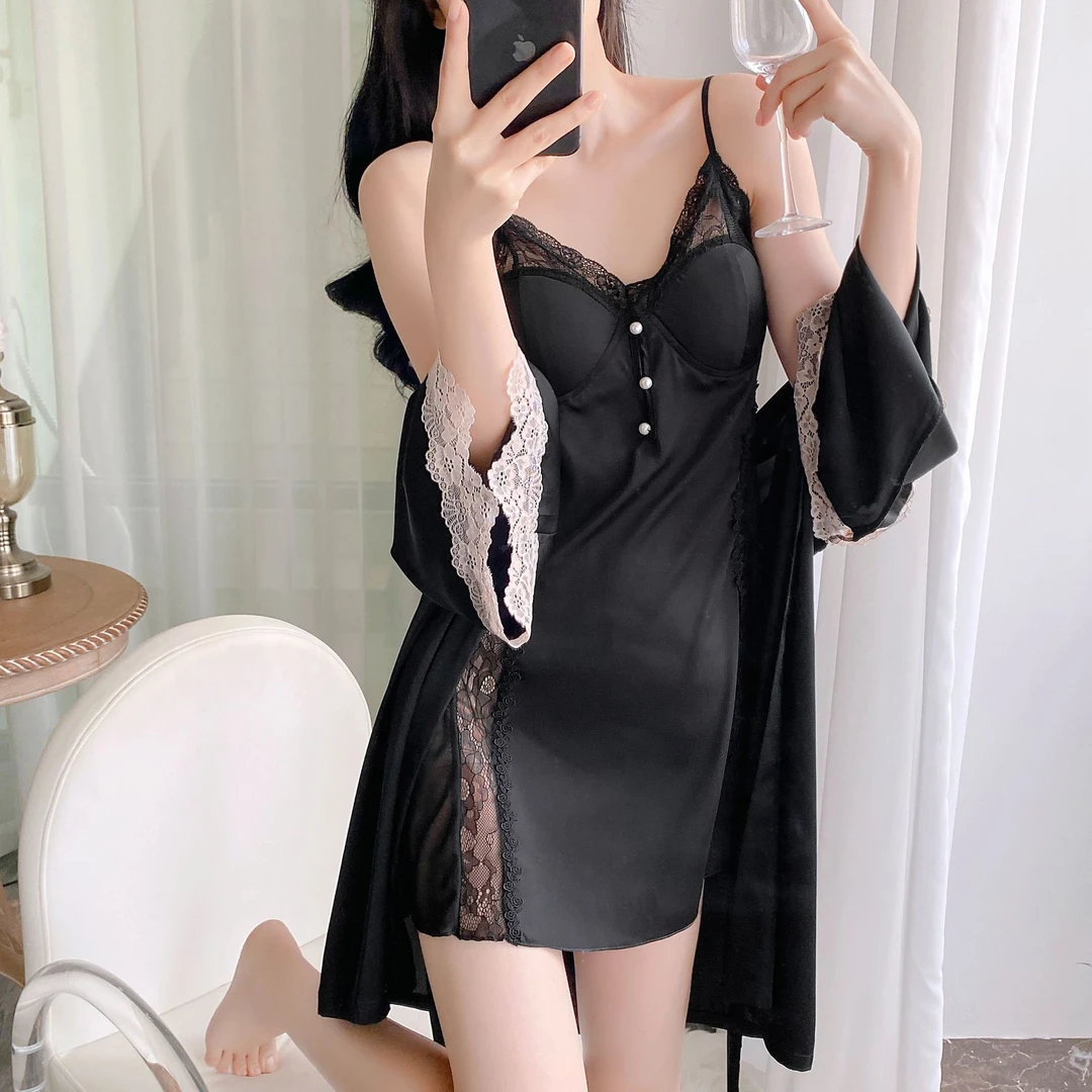 纯欲风性感可爱女生睡裙套装冰丝吊带裙外袍两件套舒适家居服御姐