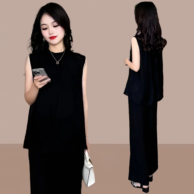 高级感时尚套装女2026年夏季新款洋气显瘦无袖上衣阔腿裤两件套潮