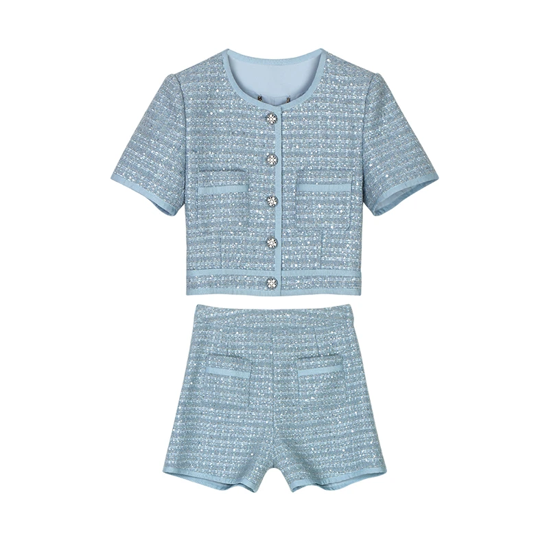 【独设甄选】富家千金小香风亮片粗花呢短袖上衣+短裤套装2939
