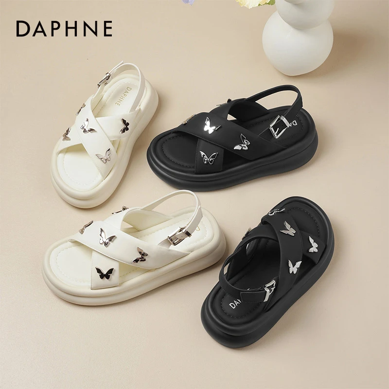 达芙妮踩屎感凉鞋新款夏季网红蝴蝶结沙滩鞋厚底女鞋 4023303277