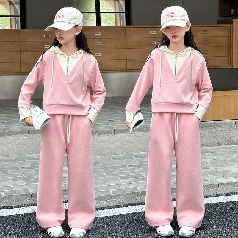 女童韩系秋装休闲套装2025款洋气假两件拼色连帽卫衣阔腿裤两件套