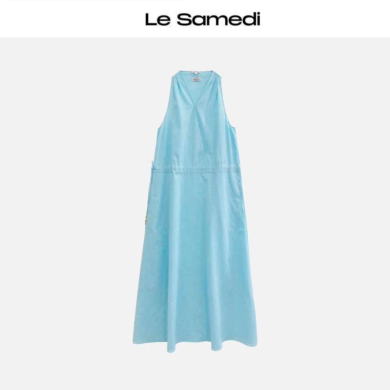 Le Samedi【冰河蓝月谷】海洋度假 抽绳V领 色织棉麻 叠肩连衣裙