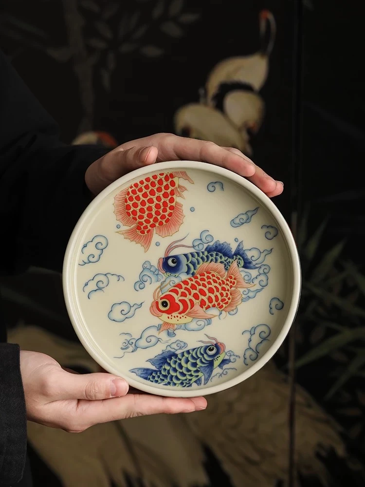 陶栖堂双鱼锦鲤壶承陶瓷干泡台家用中式养壶茶托盘茶具配件@261