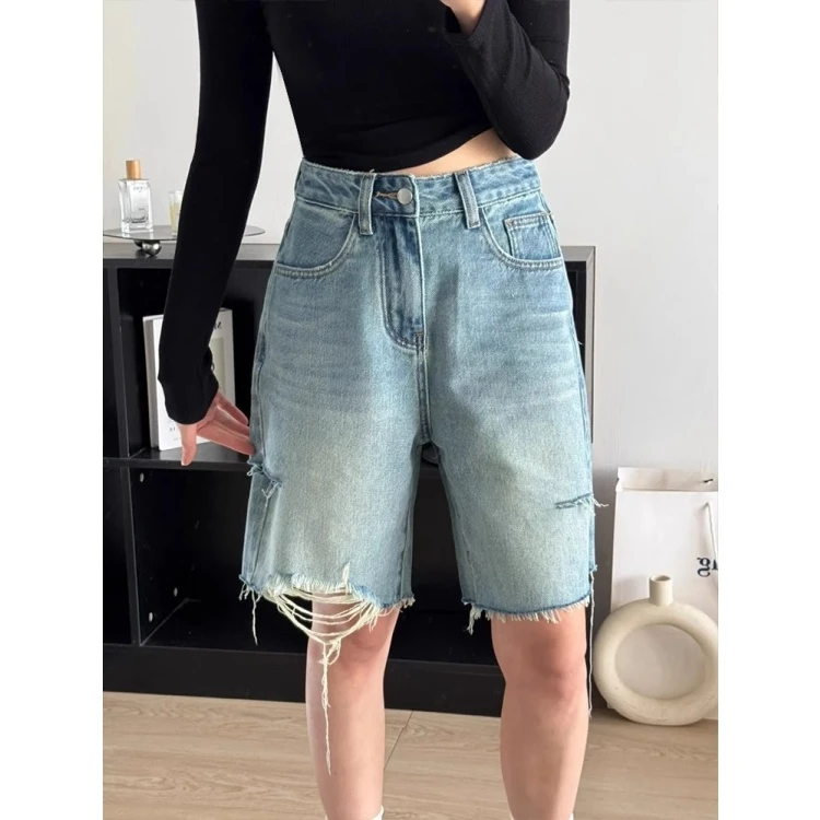 高腰阔腿破洞牛仔五分裤女2025夏季新款胖MM宽松设计感毛边直筒裤