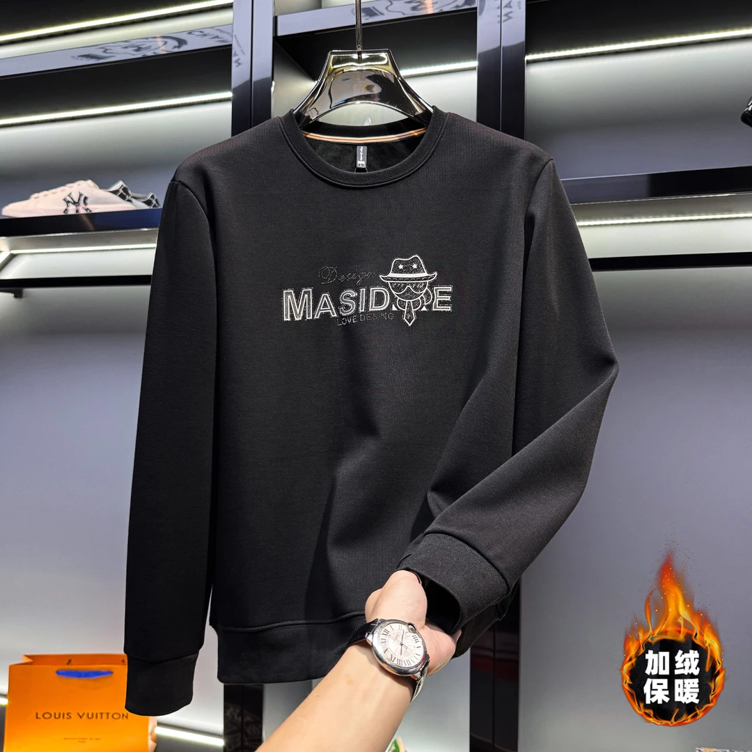 洛尼提日亚潮流烫钻字母加绒保暖男卫衣2024冬季新款轻奢百搭上衣