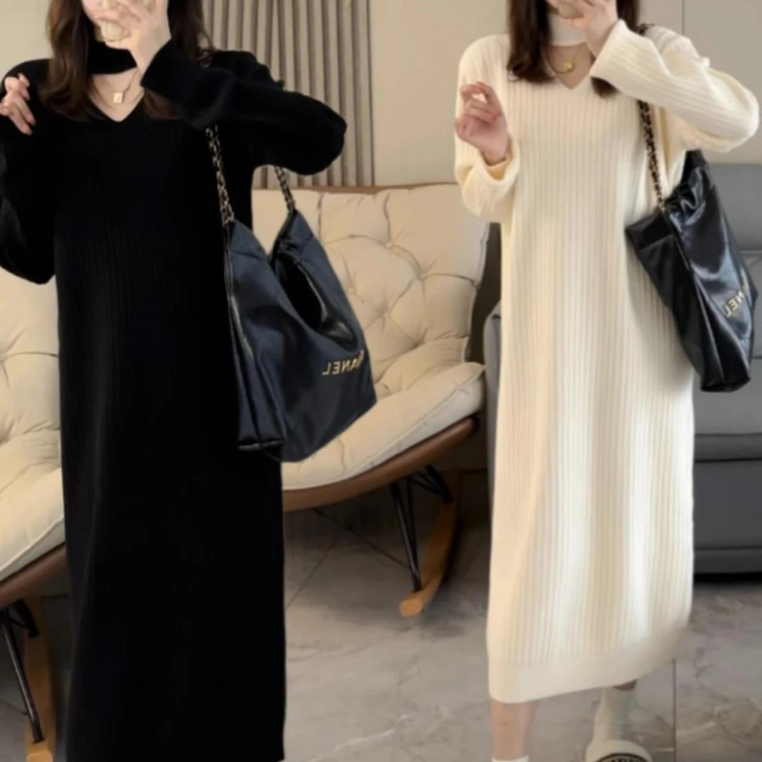 秋冬新款V领针织长袖连衣裙女宽松显瘦气质中长款内搭打底毛衣裙