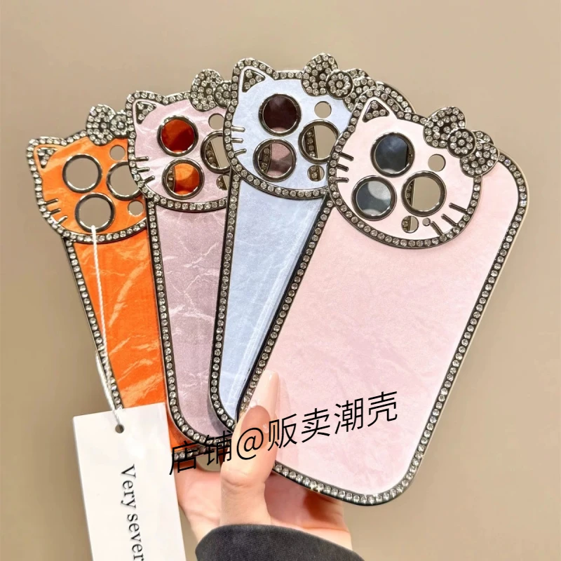 高级感少女心丝绸纹KT猫闪钻镜头框适用苹果16promax手机壳12/11