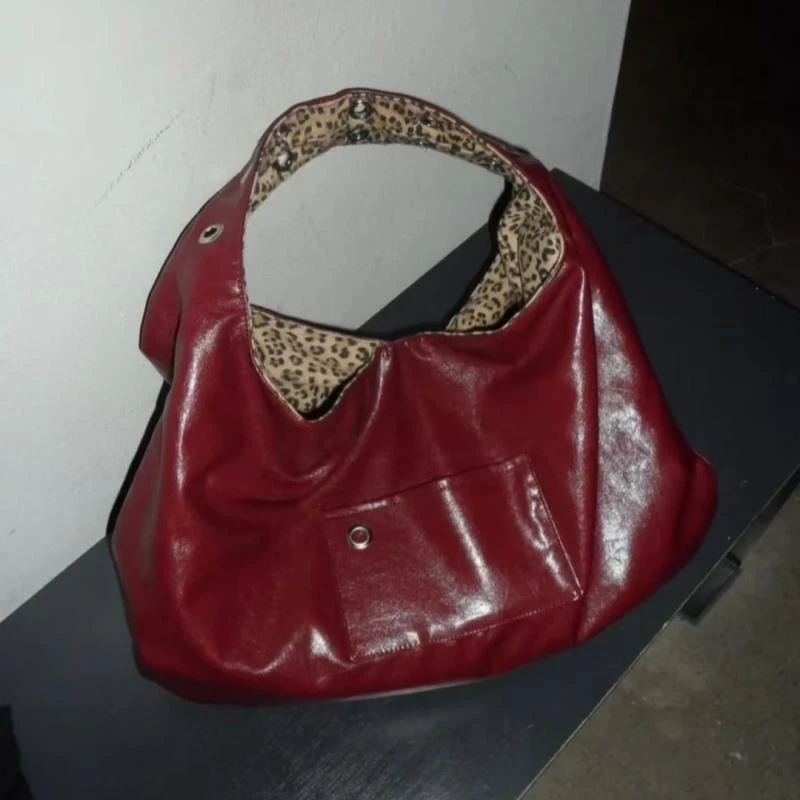 范哲萨2025新款辣妹豹纹大容量托特包酒红色两面可用腋下包单肩包