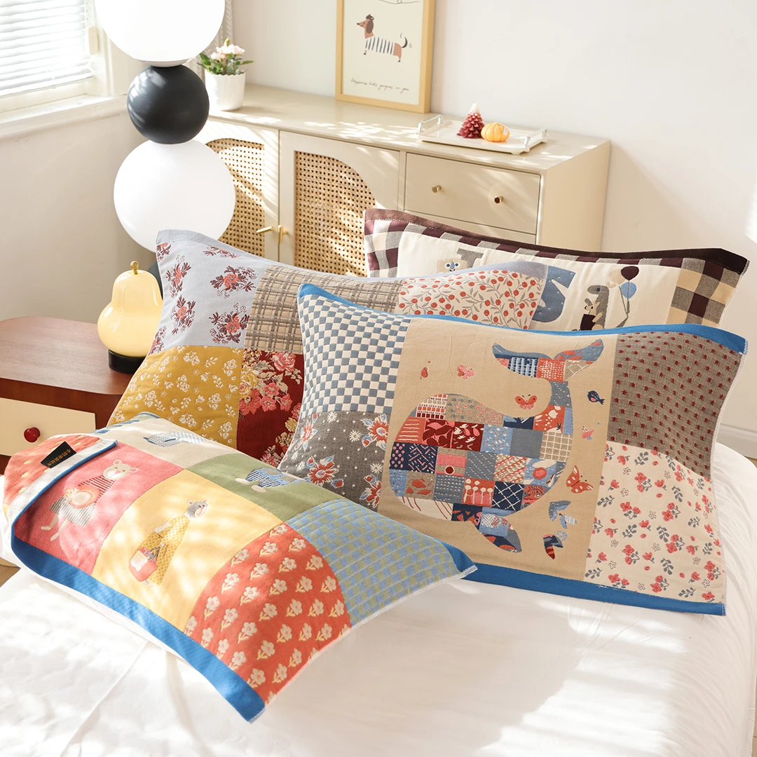 八层加厚纯棉纱布枕巾一对装透气吸汗情侣卡通全棉成人家用枕头巾