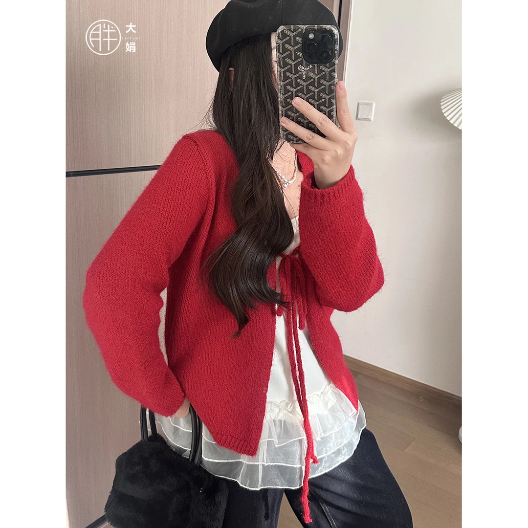 【红莓奶冻】胖大娟韩系红色绑带长袖针织开衫+蕾丝加绒吊带背心