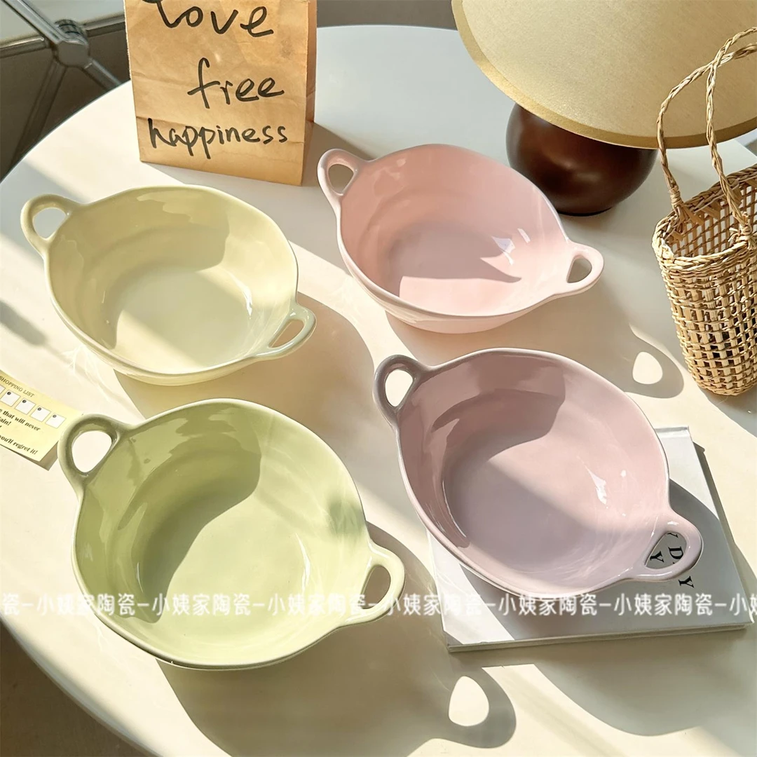 299【白桃粉】7英寸手捏双耳碗 ins餐具陶瓷不规则双耳汤碗饭碗