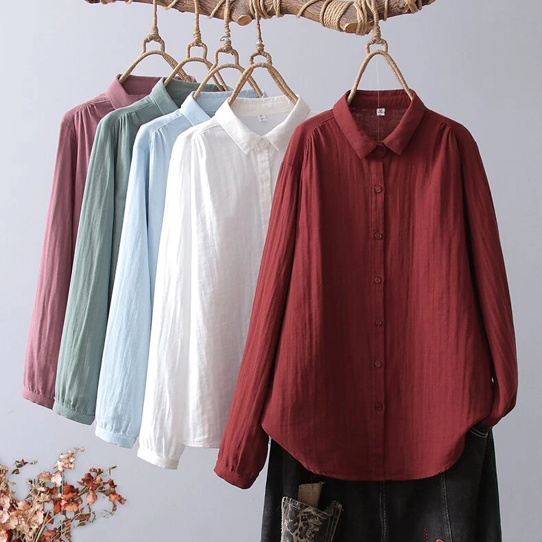 2025春季新品纯色棉纱衬衫女宽松百搭通勤纯棉柔软女士长袖衬衣