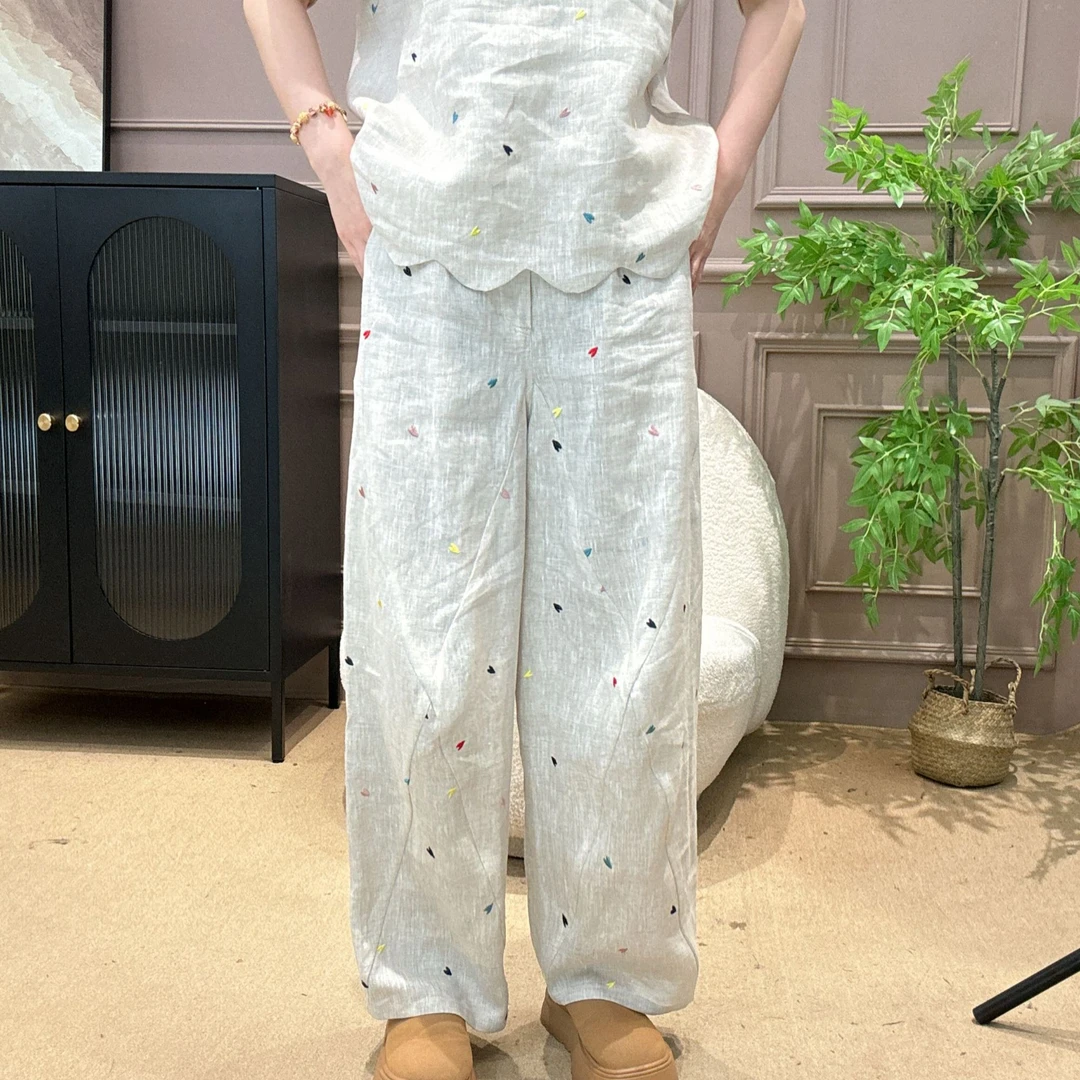 【元素家】“云触感减龄神器”新中式休闲刺绣金丝麻弯刀裤 16078-7