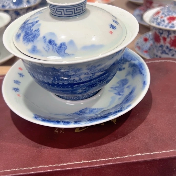 瓷片白青花岳阳楼元宝盖碗微瑕