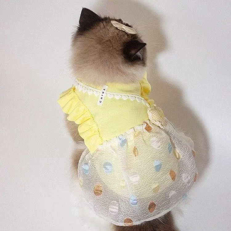 夏季薄款宠物背心可爱黄色泡泡裙宠物猫咪小型犬外出可牵引裙子