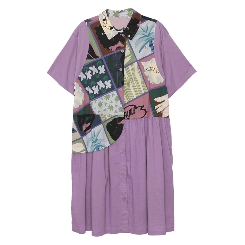 夏新宽松大码印花拼接休闲简约甜美短袖连衣裙