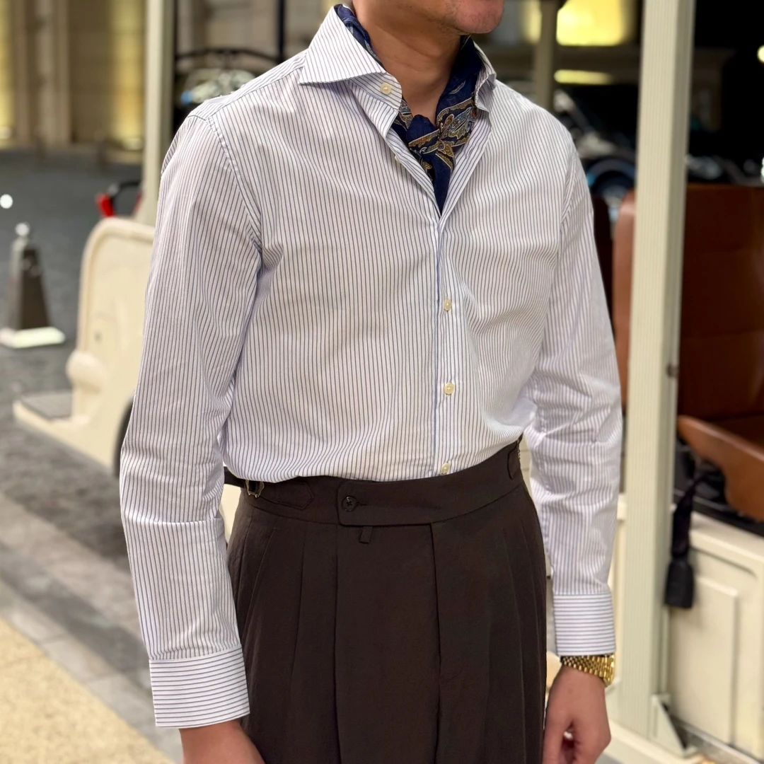 复古白色条纹长袖衬衫商务休闲日常通勤男士衬衣潮