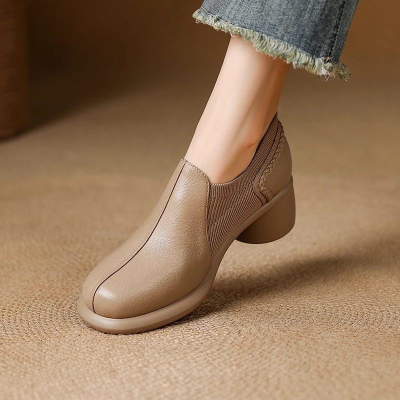 4.5cm百搭一脚蹬乐福鞋女圆头中跟粗跟女鞋久站不累厚底羊皮单鞋