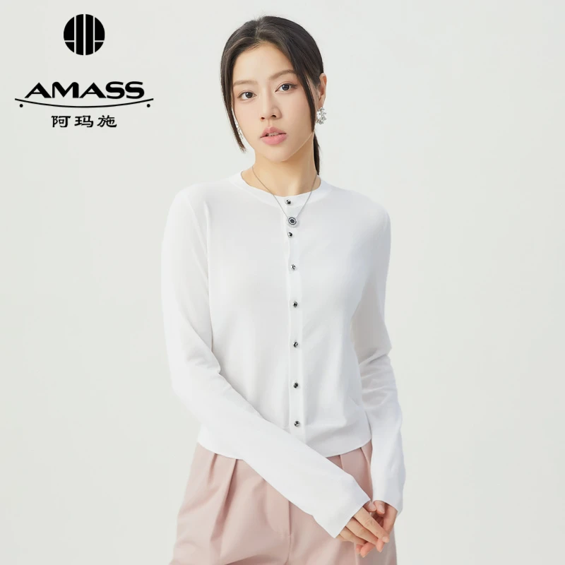 AMASS阿玛施 经典简约百搭圆领纯色长袖针织开衫5499262 时尚休闲