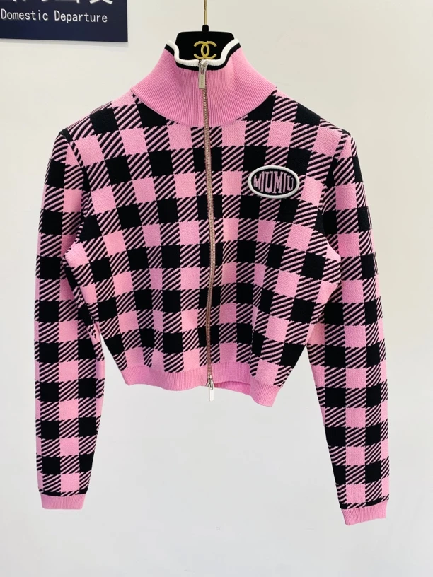 99新 MIU MIU/缪缪 黑粉格纹针织外套 38码 13835985