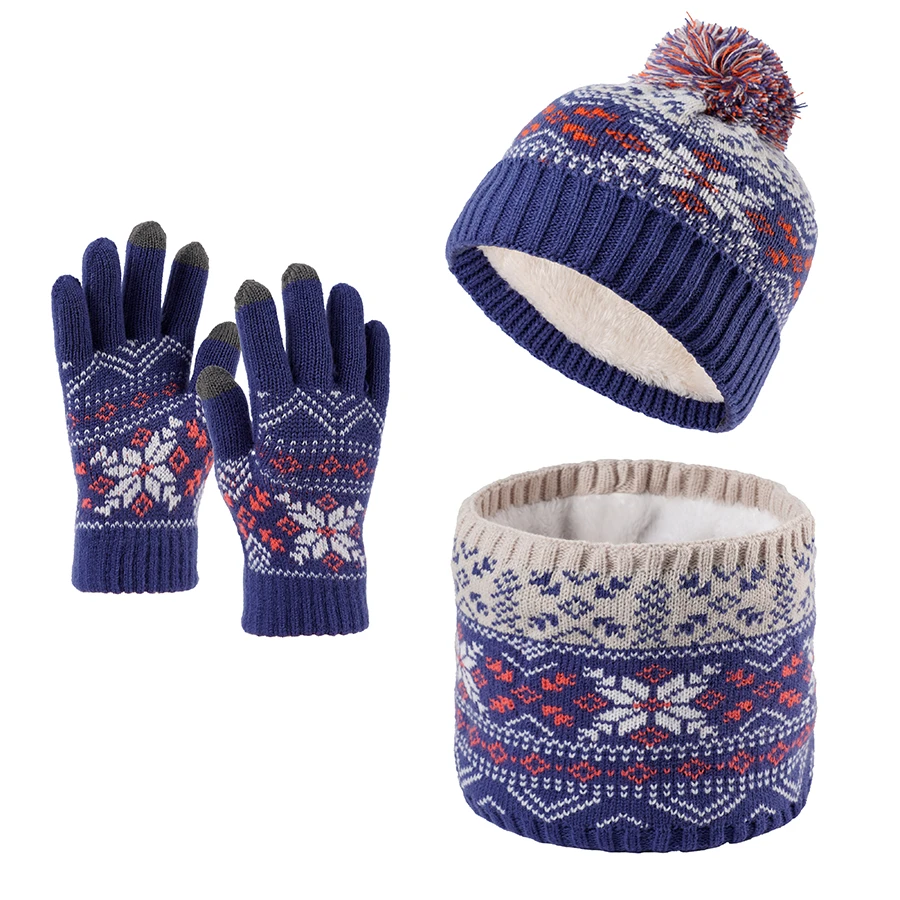 儿童秋冬季保暖针织毛线雪花触屏手套儿童骑行防寒加厚加绒手套