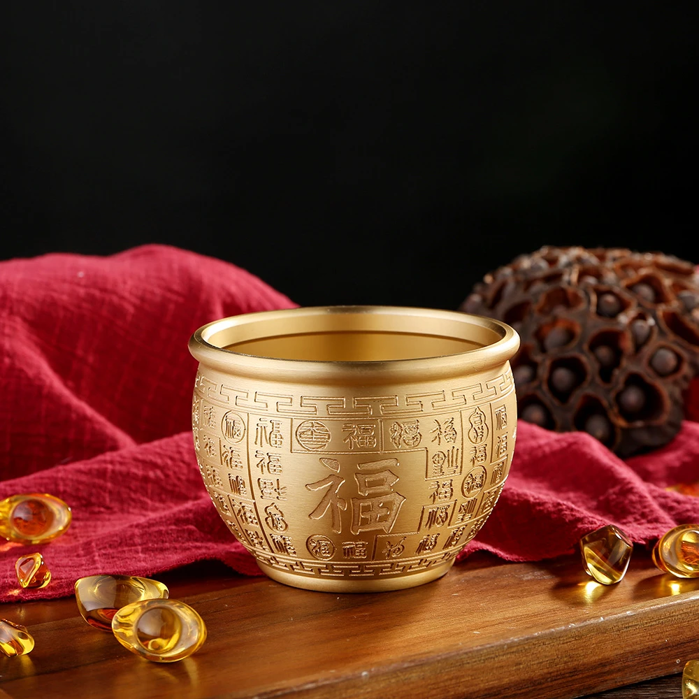 黄铜精雕百福缸佛前福字米缸装元宝五帝钱存钱罐聚宝盆摆件