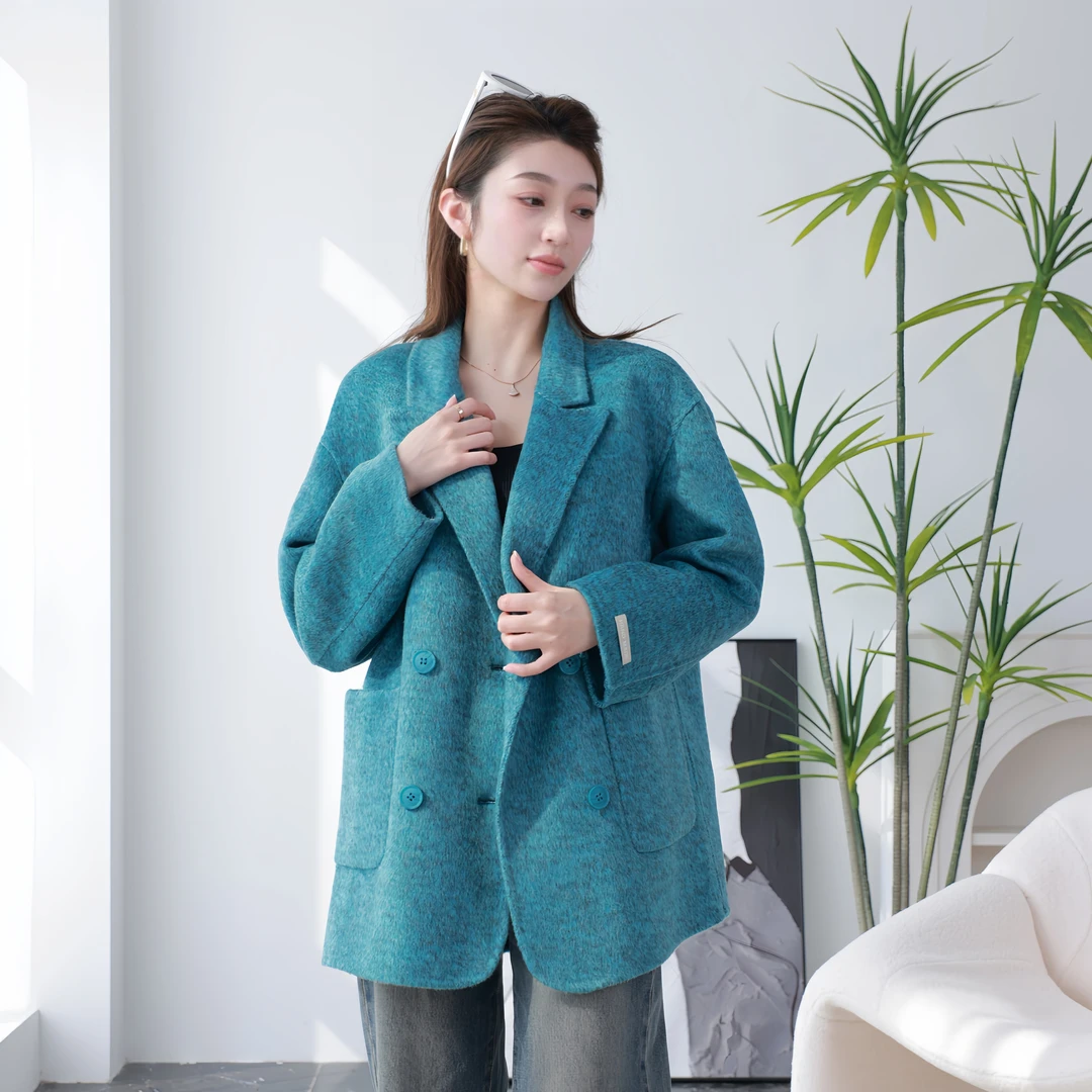 春季爆款绵羊毛大衣女高级感羊毛呢子外套短款双面呢大衣黑色韩版