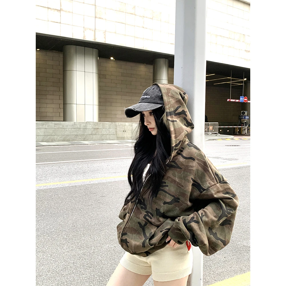 空降特种兵迷彩连帽卫衣外套美式复古街头拉链上衣