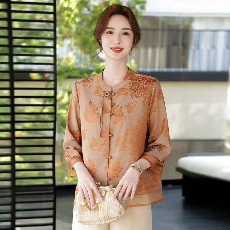 2025年新中式流苏牡丹花缎面七分袖小衫