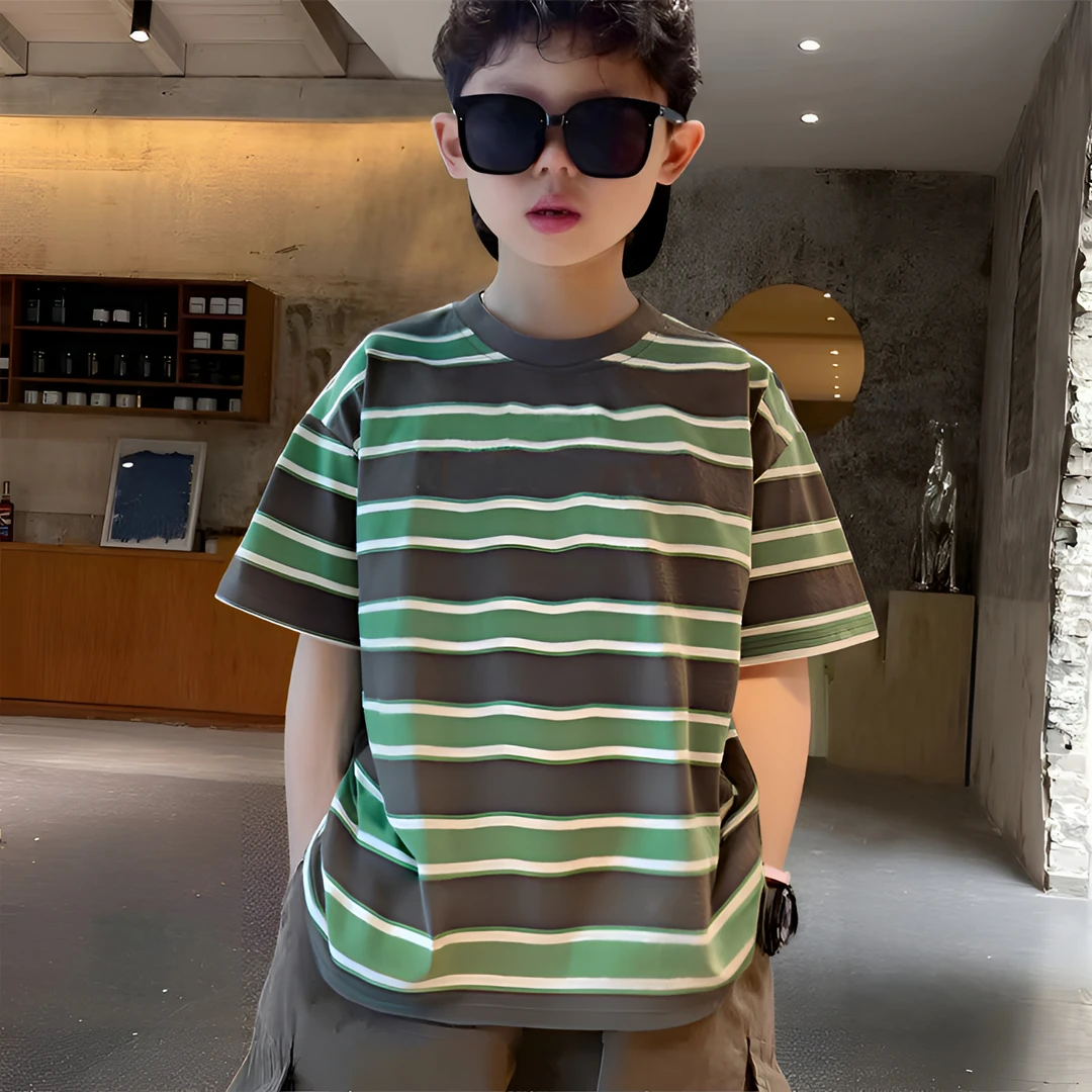 男童纯棉短袖T恤条纹中大童夏季百搭帅气潮流新款儿童上衣衫夏款