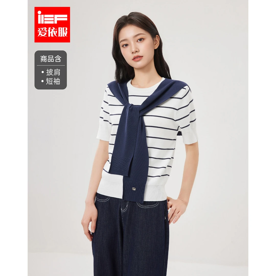 IEF/爱依服2025夏秋新款韩版文艺气质风通勤气质条纹显瘦毛织上衣