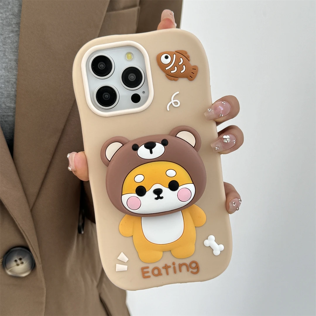 苹果|卡通柴犬鱼儿熊支架适用iPhone16可爱创意ins女款硅胶手机壳
