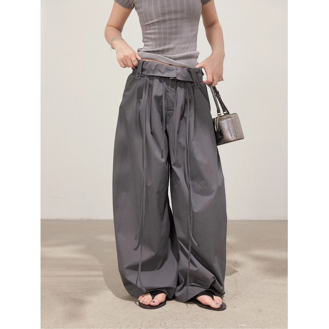 垂坠感拖地休闲裤女装秋季韩系百搭高腰宽松显瘦阔腿长裤灰色裤子