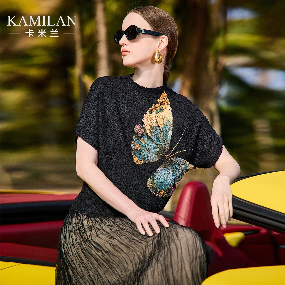 卡米兰设计感蝴蝶印花T恤女短袖夏季2025新款打底衫洋气蕾丝上衣