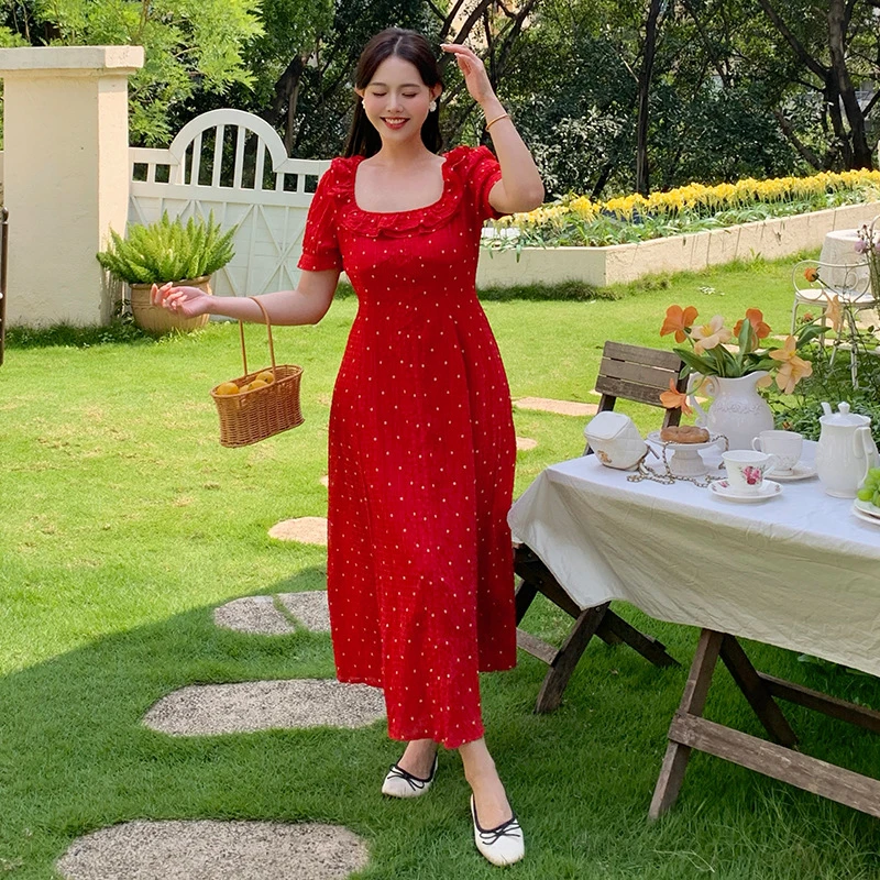 仟艺【夏日浪漫波点】大码女装绝美红色连衣裙度假风显瘦伞裙