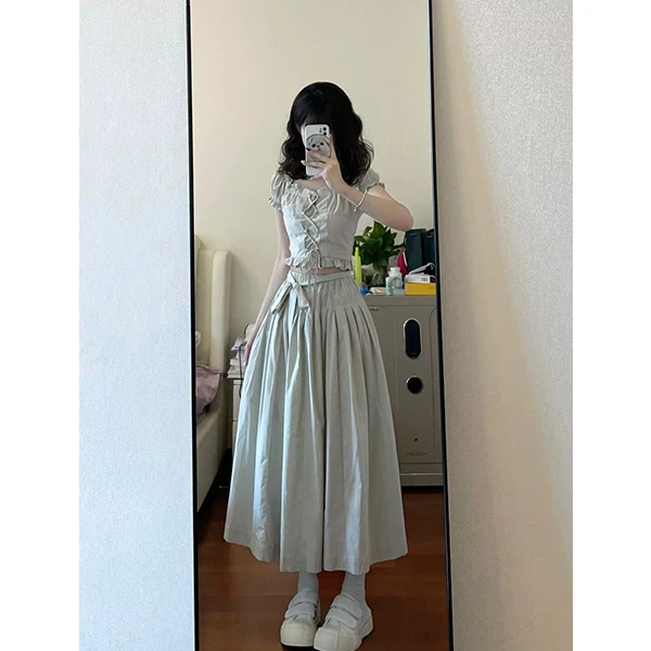 1130~盐甜系小个子穿搭复古甜美绑带荷叶边短衬衫女半身裙两件套