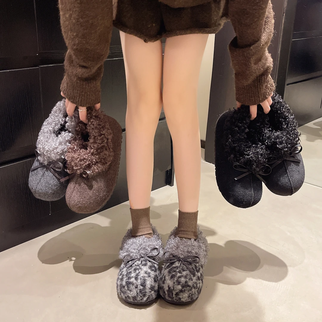 超火卷毛厚底勃肯棉鞋女冬季新款百搭蝴蝶结侧拉链保暖增高毛毛鞋