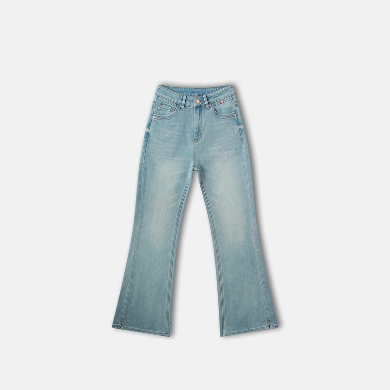 2025新款翡翠绿微喇牛仔裤外开衩修身微喇裤A1939