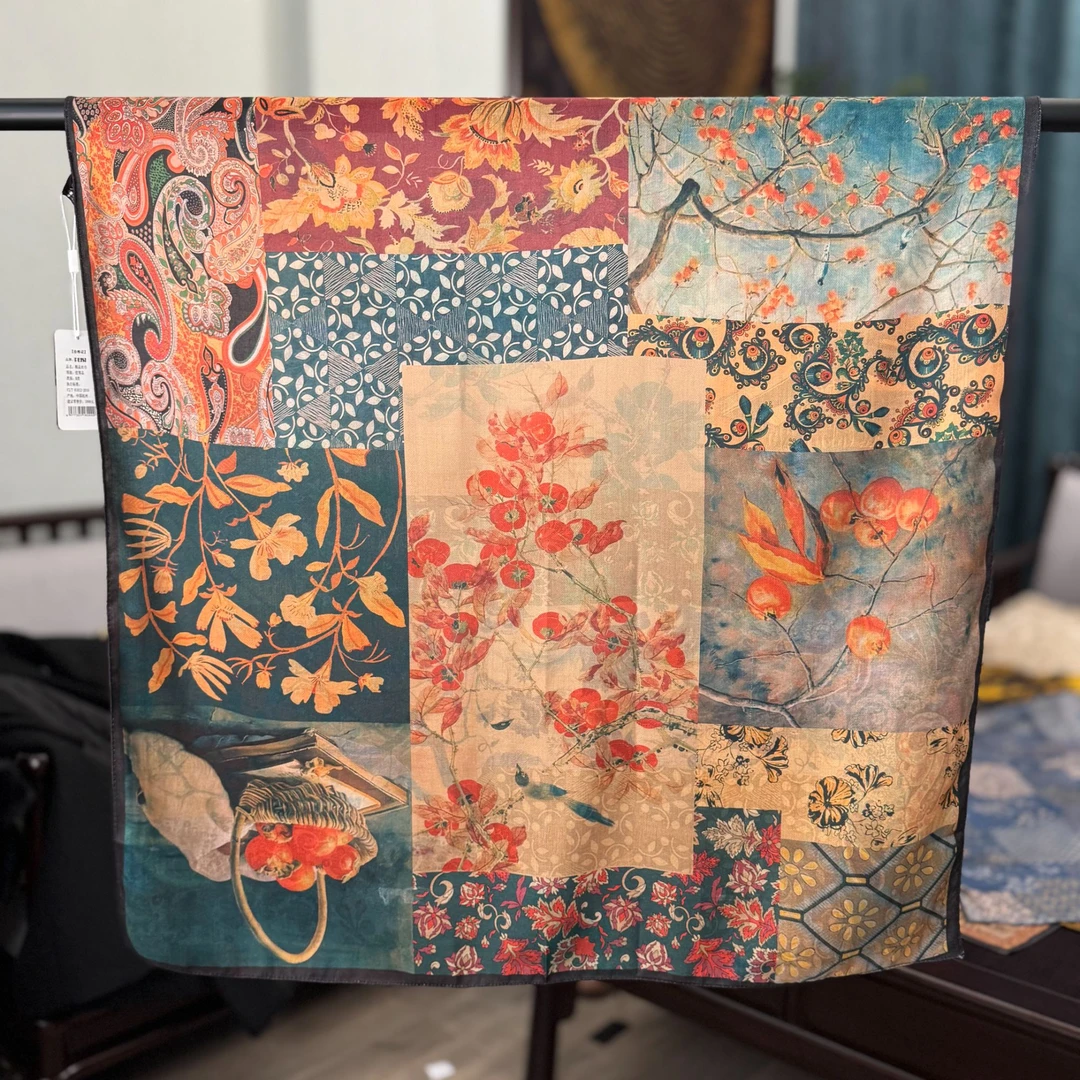 【C63-83 金秋月】90*90丝毛保暖高端定制国风提花百搭丝巾中国风