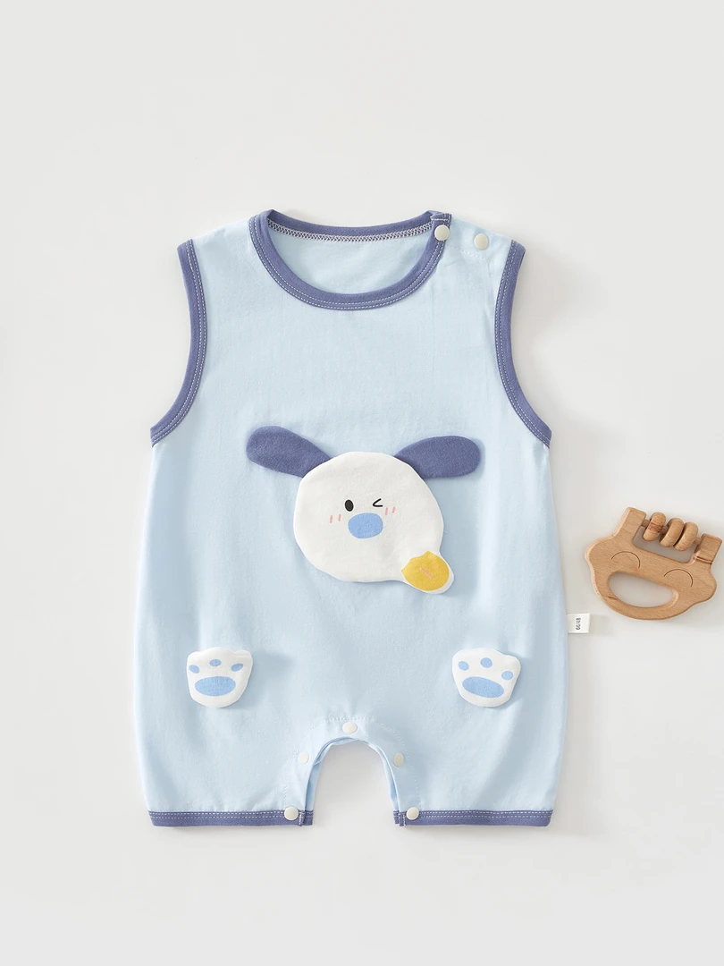 婴儿夏季衣服卡通新生儿无袖哈衣薄款爬服宝宝护肚连体衣外出背心