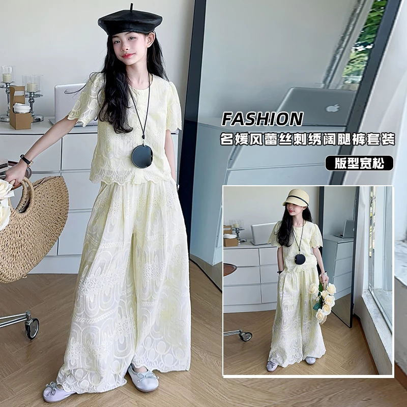 女童夏装新款名媛风儿童装显瘦气质蕾丝刺绣女孩洋气夏季时尚套装
