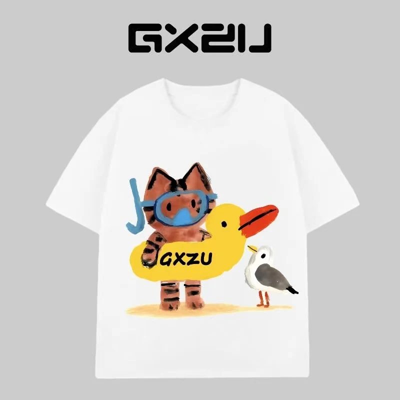 【游泳喵喵】男女款260g高克重纯棉打底衫T恤印花半袖潮流情侣短袖