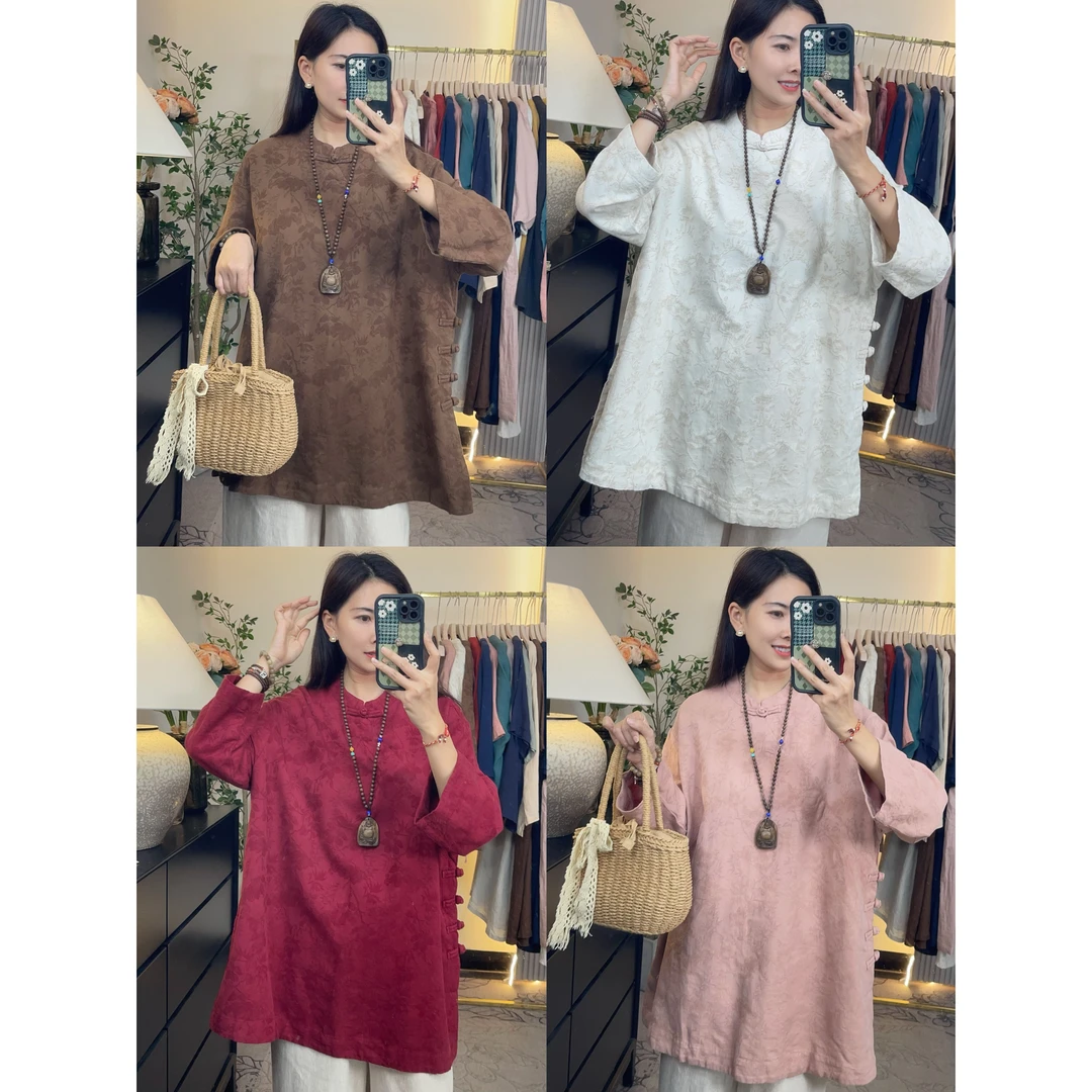 花汐语【诗续】高品质亚麻提花中式盘扣精致衬衫女上衣