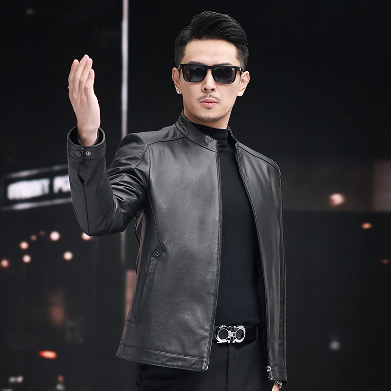 VBA 2820 YZX牛皮立领绵羊毛内胆保暖时尚修身海宁真皮皮衣外套男