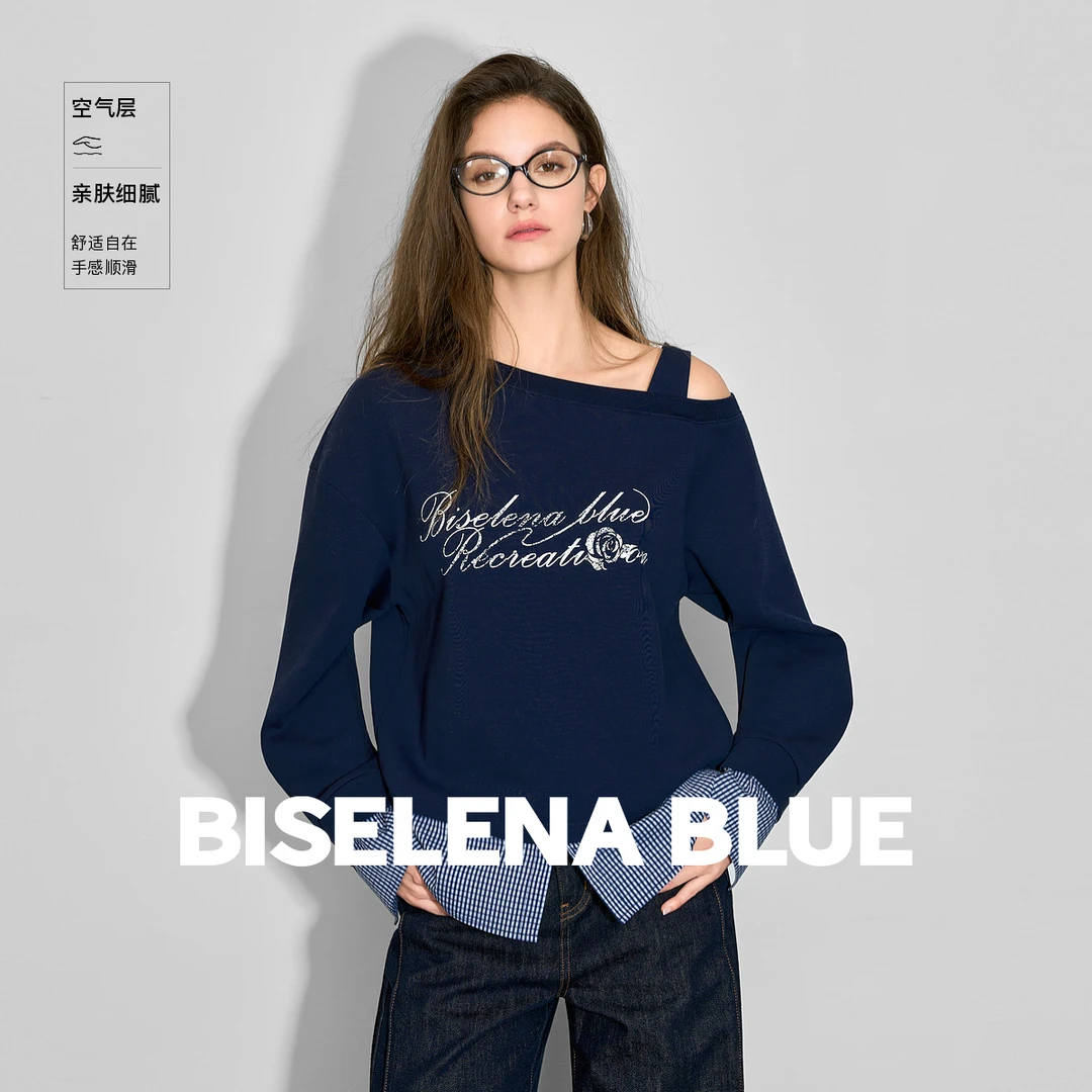 贝茜妮设计感露肩卫衣女2025新款秋季宽松显瘦拼接假两件灰色上衣