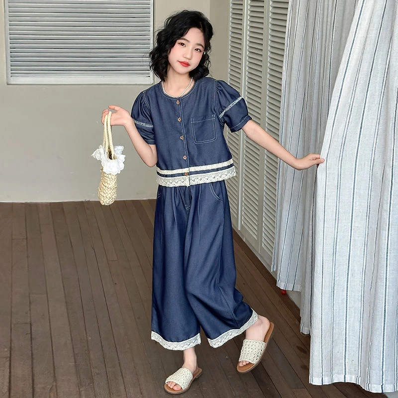 女童牛仔套装夏季薄款中大童休闲新款洋气夏装儿童时髦两件套