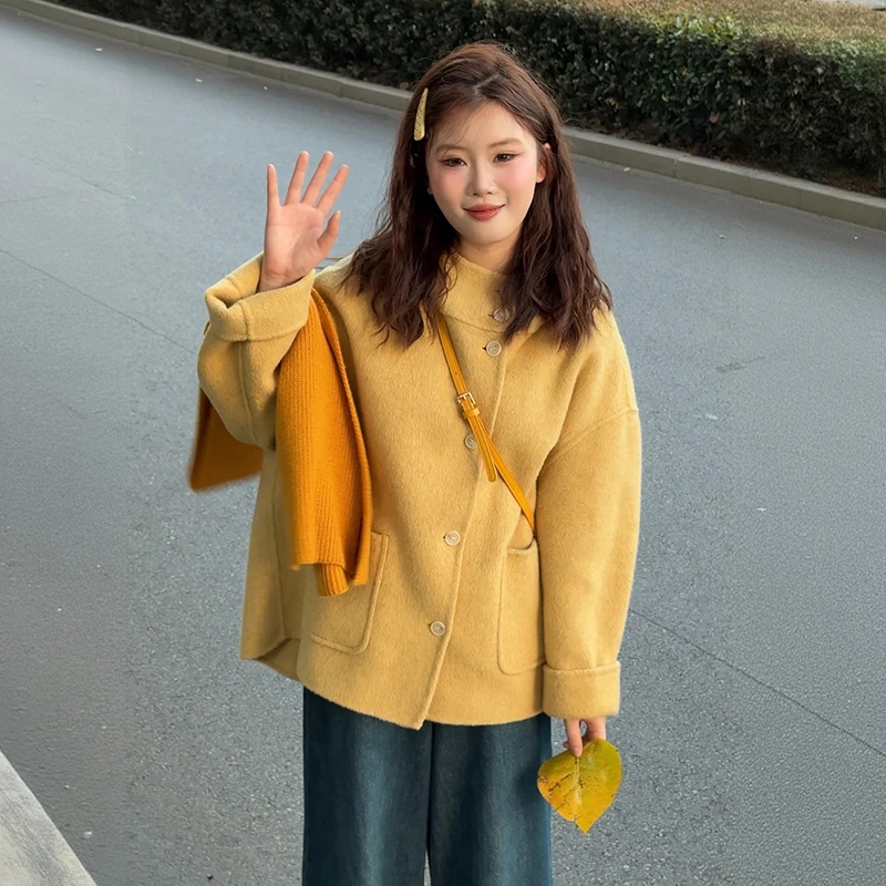 韩国中长款双面羊毛大衣2025秋冬新款韩系糖果色连帽羊毛外套女