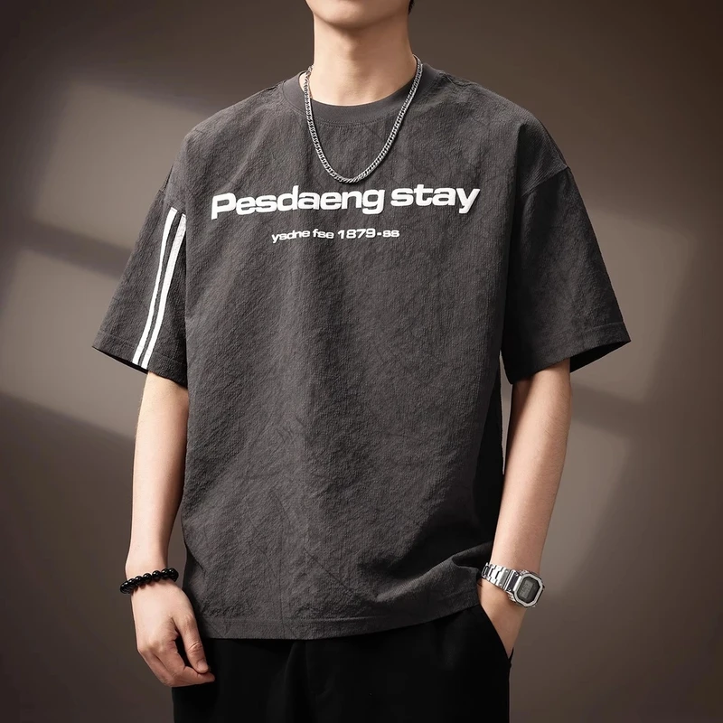 Cebrodz高端冰丝短袖T恤上衣男夏季薄款宽松印花半袖体恤男